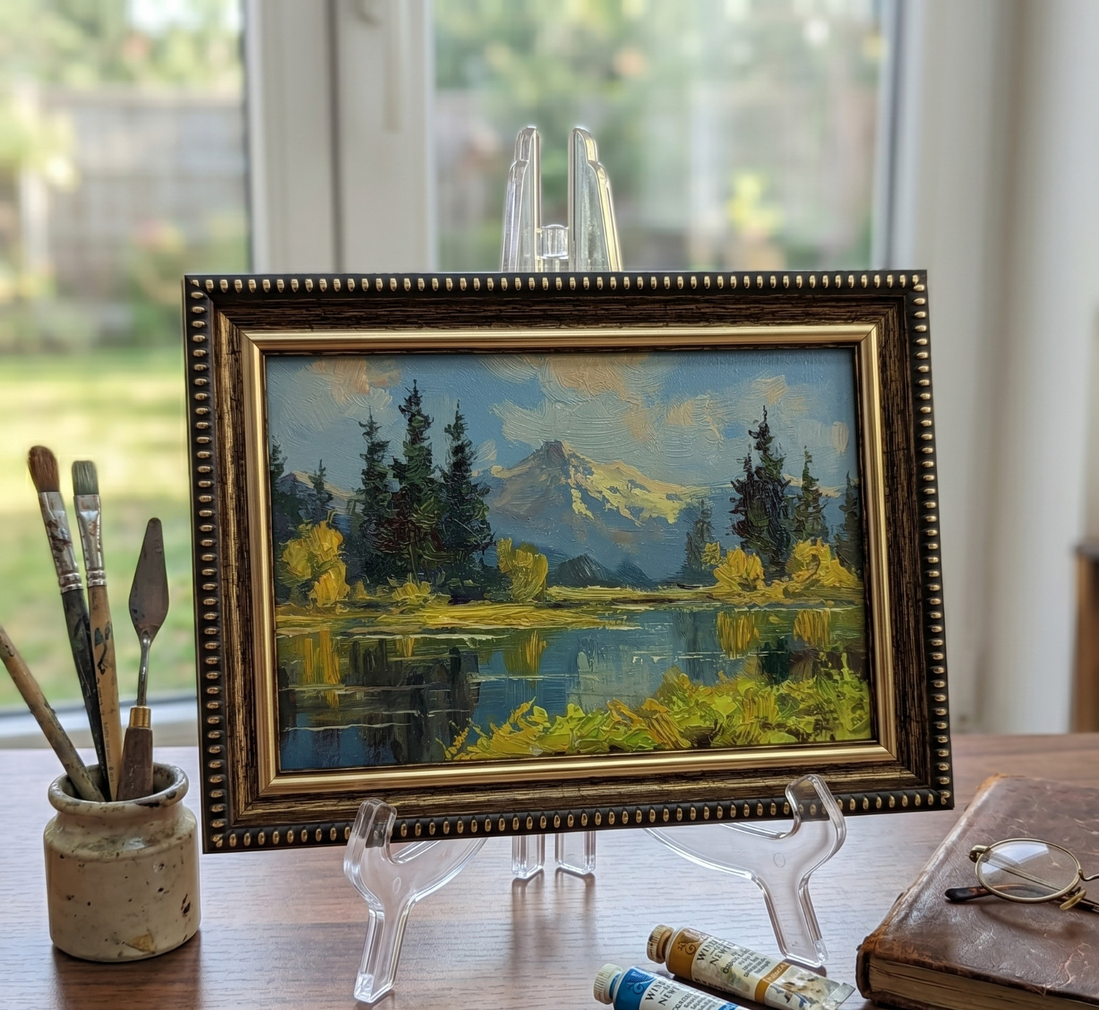 Mountain Lake Original Oil Painting 4×6 Framed Signed Alpine Landscape Forest Ar