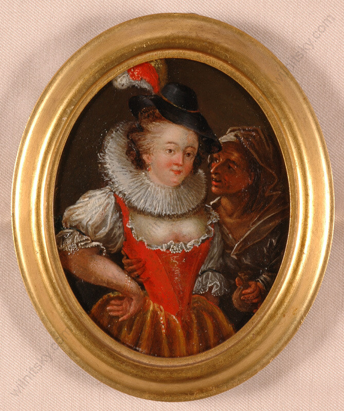 «Beauty and procuress», German oil on metal miniature, ca. 1700 (M)