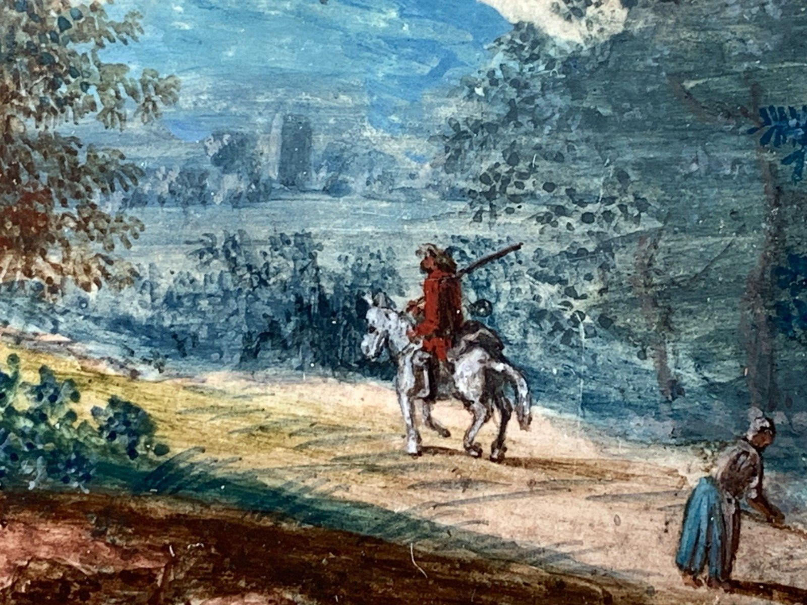 Unsigned Miniature Painting Gouache on Painting Board 18th century riders in the mountains
