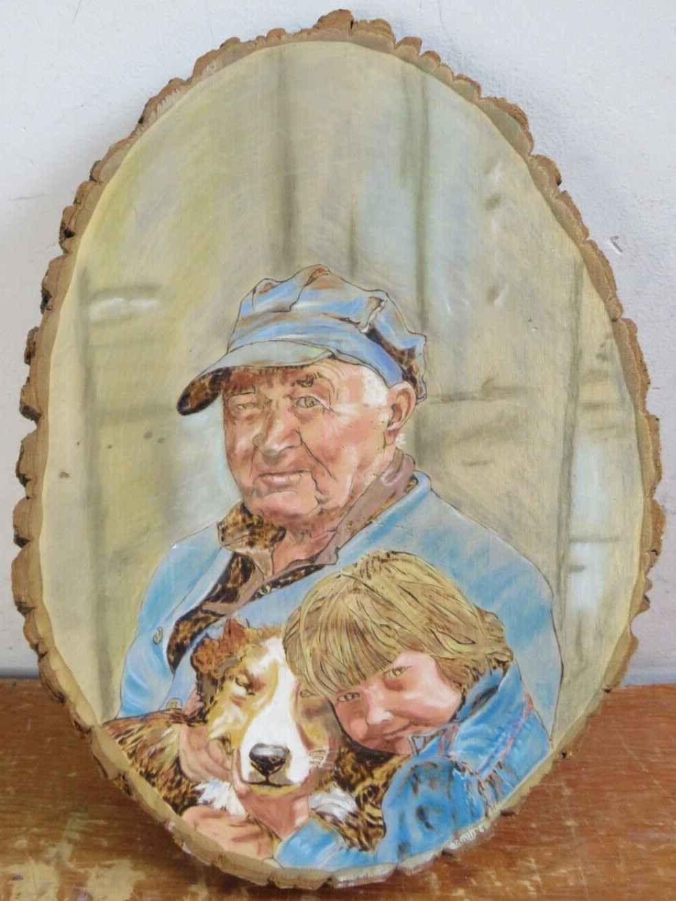 Vintage Wooden Art Farmer Dog w/ Bark Carving/Burning/Painting 12.5×17 Rollins