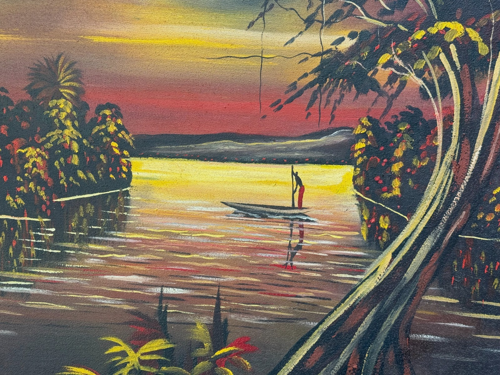 DINGA SAMUEL AFRICAN LANDSCAPE OIL PAINTING MAN CROSSING RIVER AFRICA CONGO MCM
