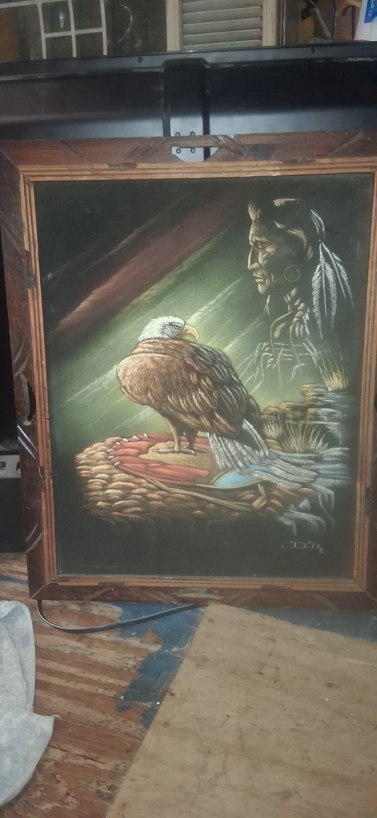 D.R. Realism Painting Framed Signed Large Eagle & Native American Portrait