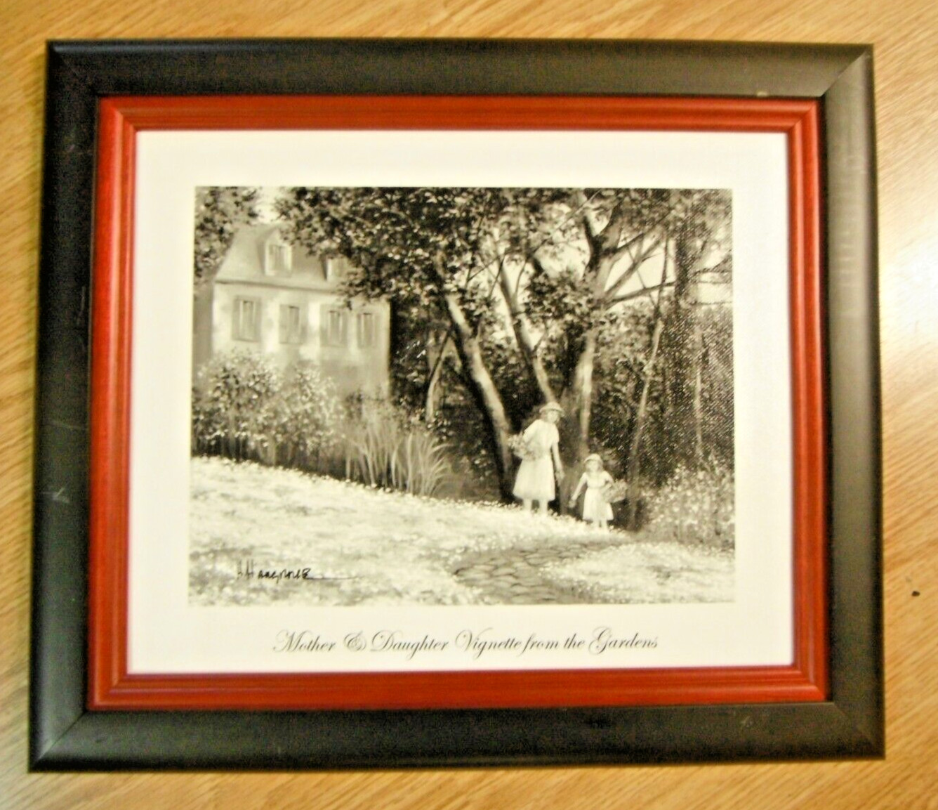 signed H Hargrove Framed Lithograph on Canvas B & W MOTHER & DAUGHTER GARDENS