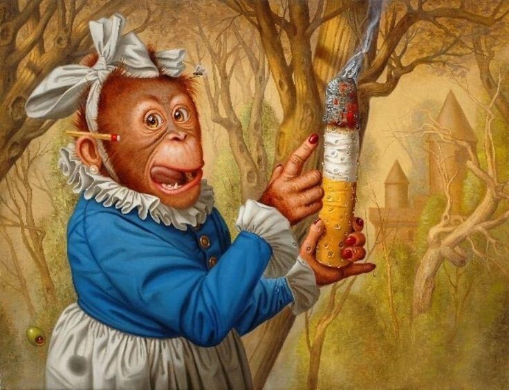 Hand Painted Oil Painting Monkey smoking Animal Wall Decor
