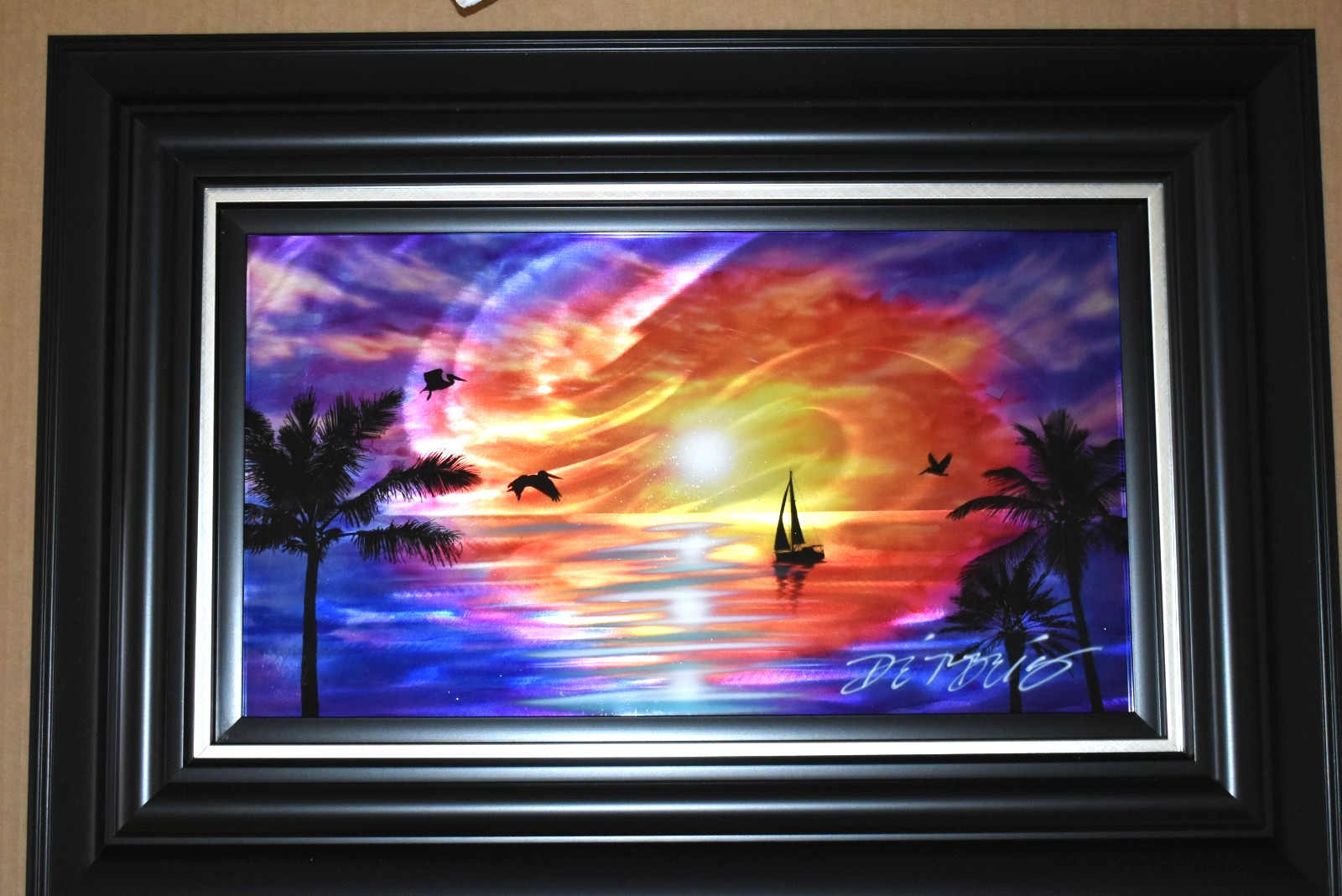Original CHRIS DERUBEIS «Sunset of the Keys» Mixed Media on Metal Signed-COA New
