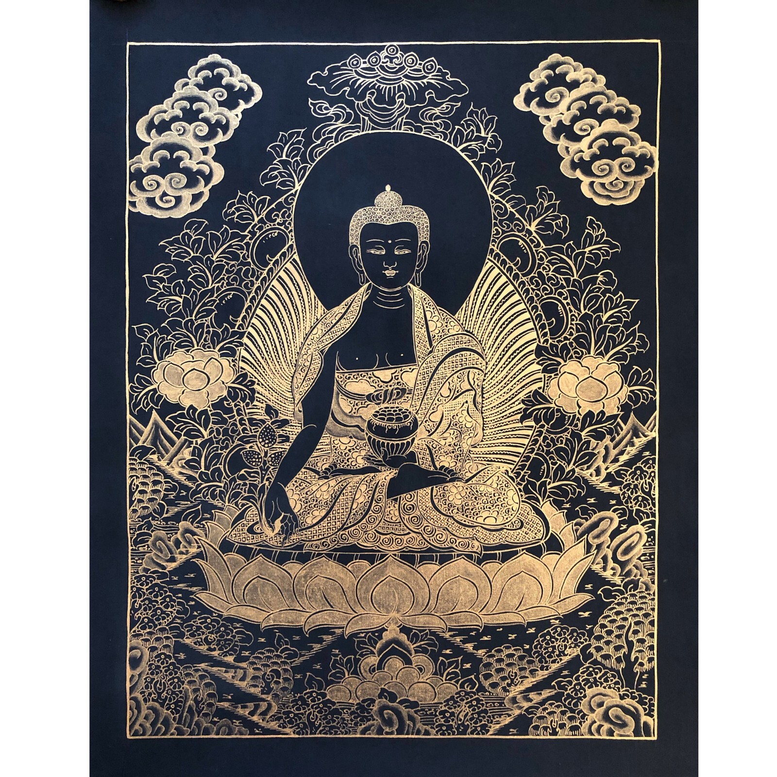 Black and Gold Medicine Buddha Thangka, Healing Buddha, Handmade Tibetan Art