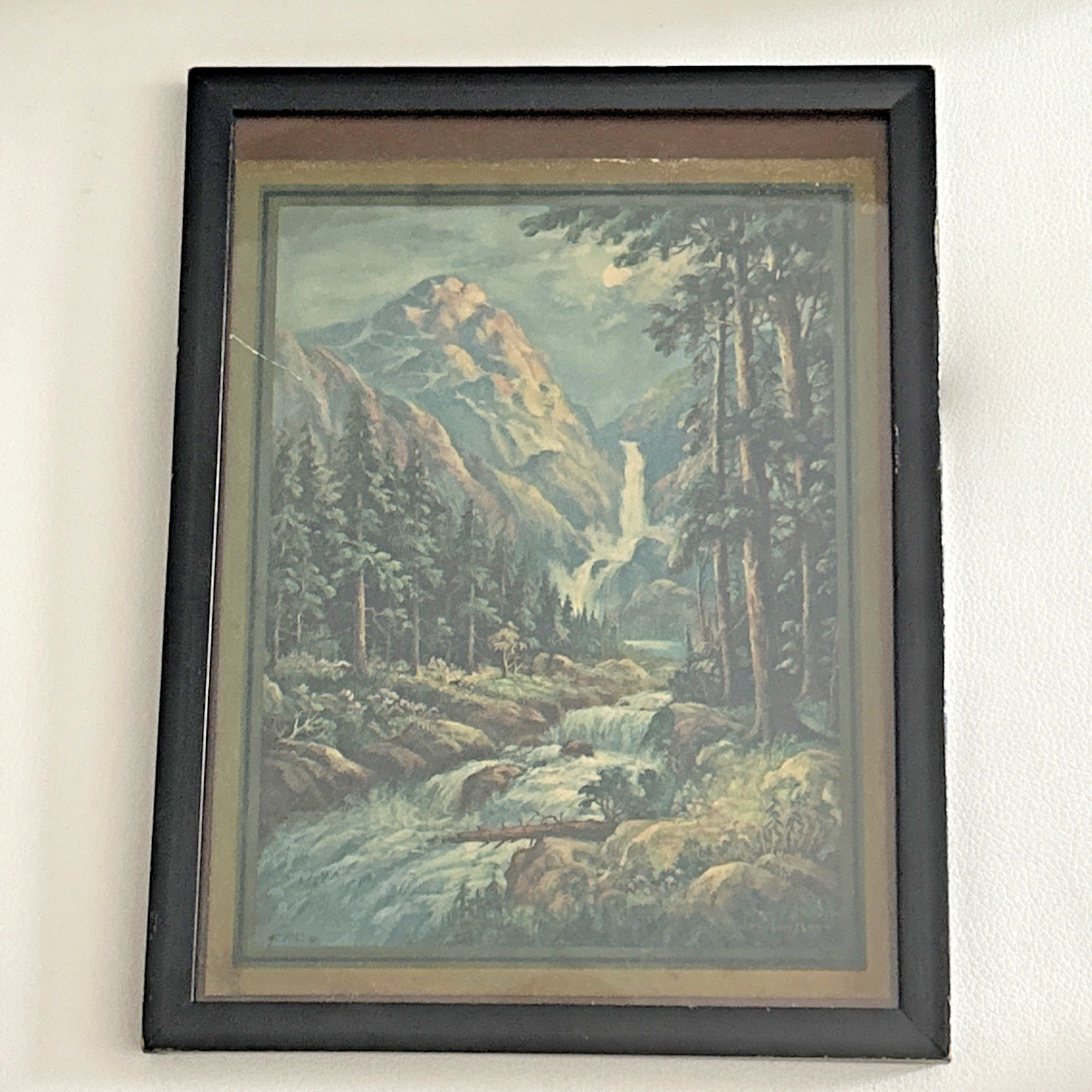 Vintage Nature Scene Picture Waterfall Mountain Framed Signed Thompson 10.5″x8″