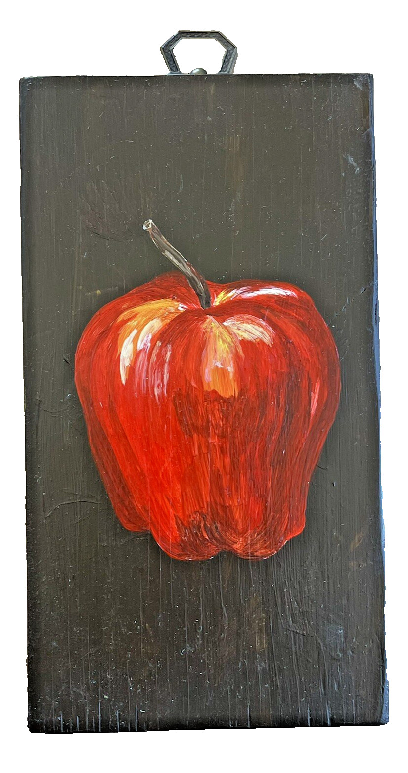 Small Painted Apple on Wood Block Cottagecore Wall Art Vintage Folk Rustic Home