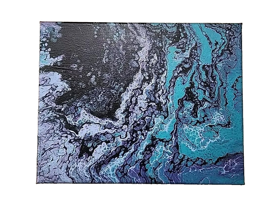 Acrylic Pour Painting Abstract Black Teal Purple Blue 10×8 Unframed OOAK Gift