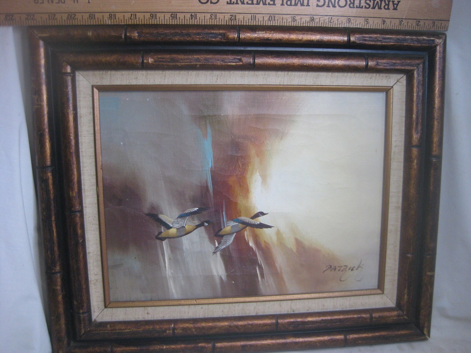 original signed Patrick framed painting geese duck flying nature scene wall art