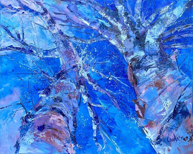 Snowy Blue Winter Tree Forest Snow Trees Landscape Oil Painting Canvas 24×30 in
