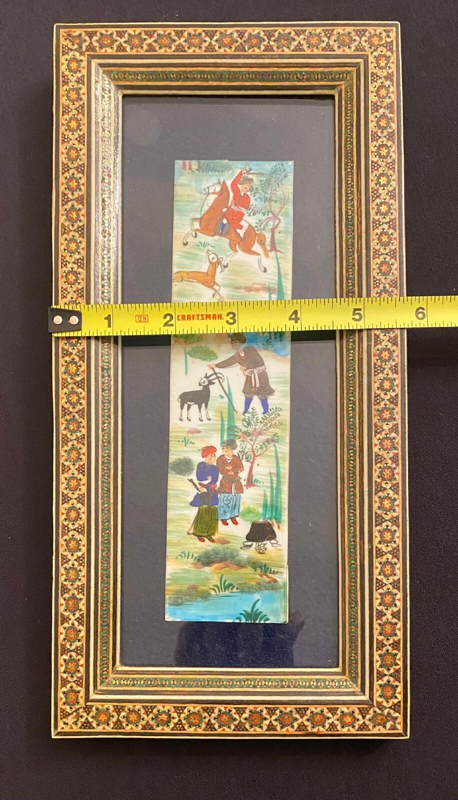 Persian Hand Painted Camel Bone Artwork in Wood Khatam Marquetry Frame Folk Art