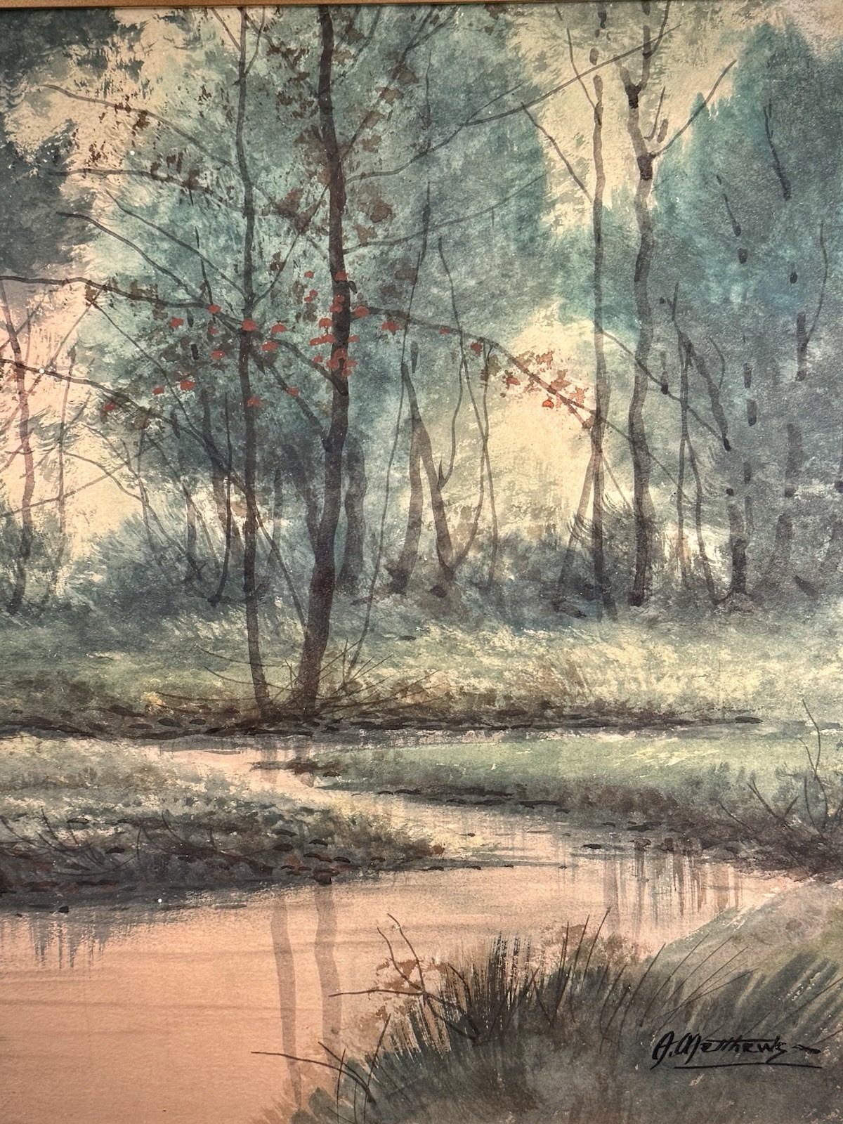 Original Signed Watercolor Landscape Painting Framed Vintage Nature Wall Art