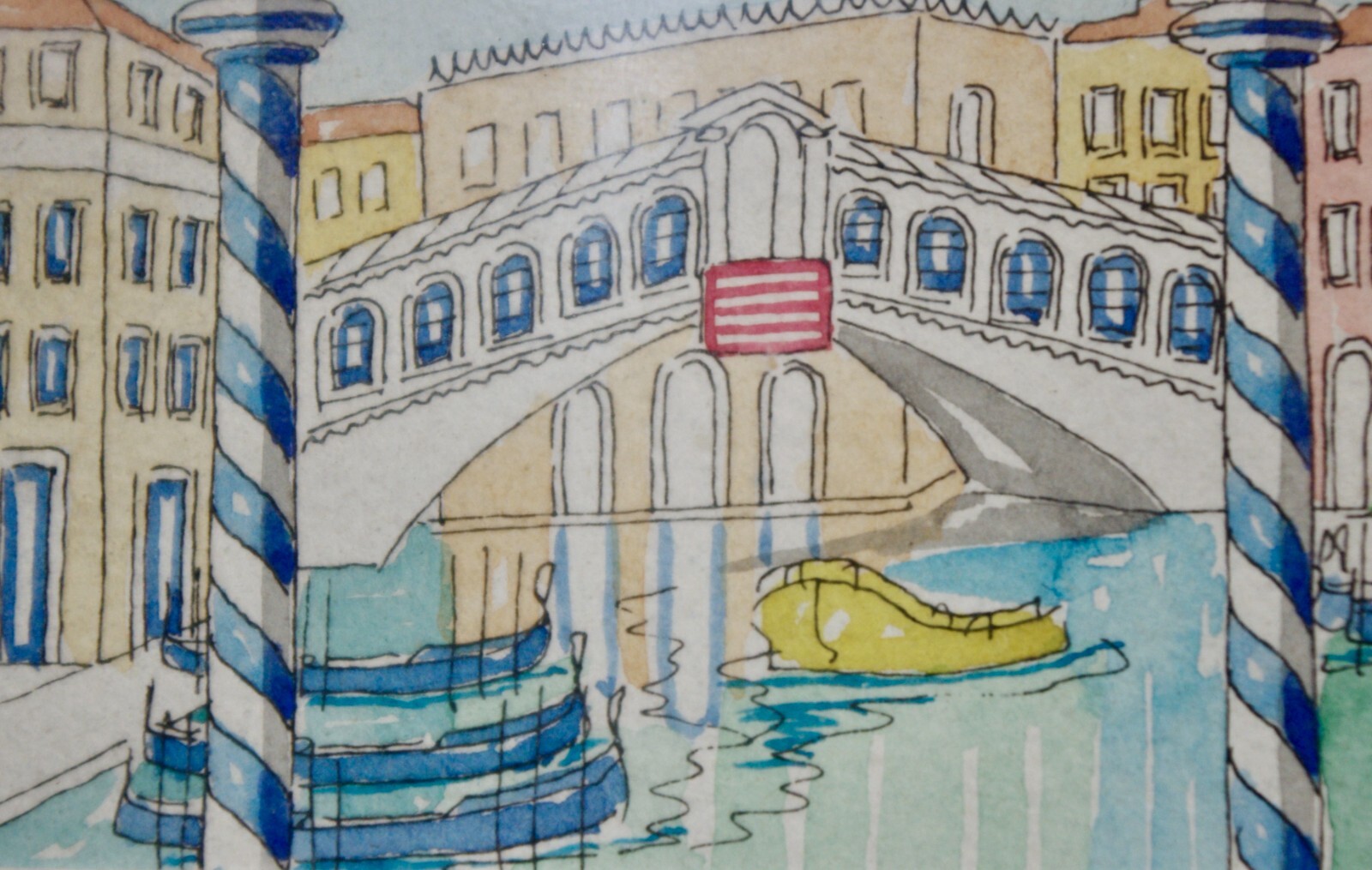 Original Watercolor- Signed Framed- Venice Italy- 2010 Piccola Rialto Bridge
