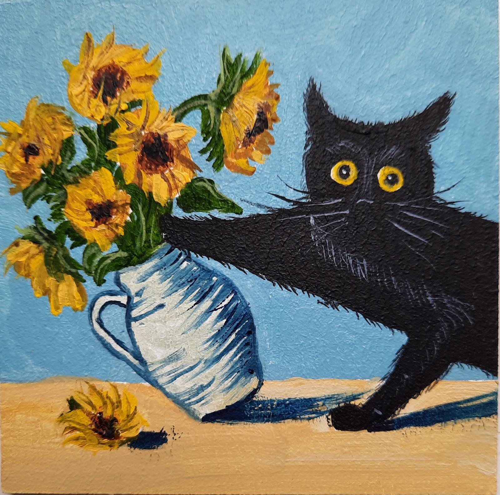 ORIGINAL Oil Painting Black Cat Sunflower Miniature Contemporary Wall Art Animal