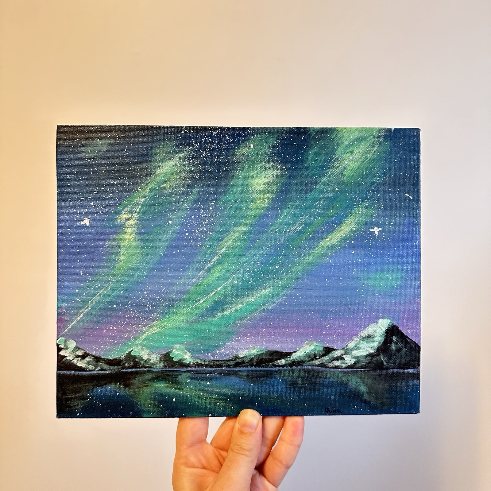 Northern Lights Mountain Painting Aurora Borealis Original Landscape Night Sky