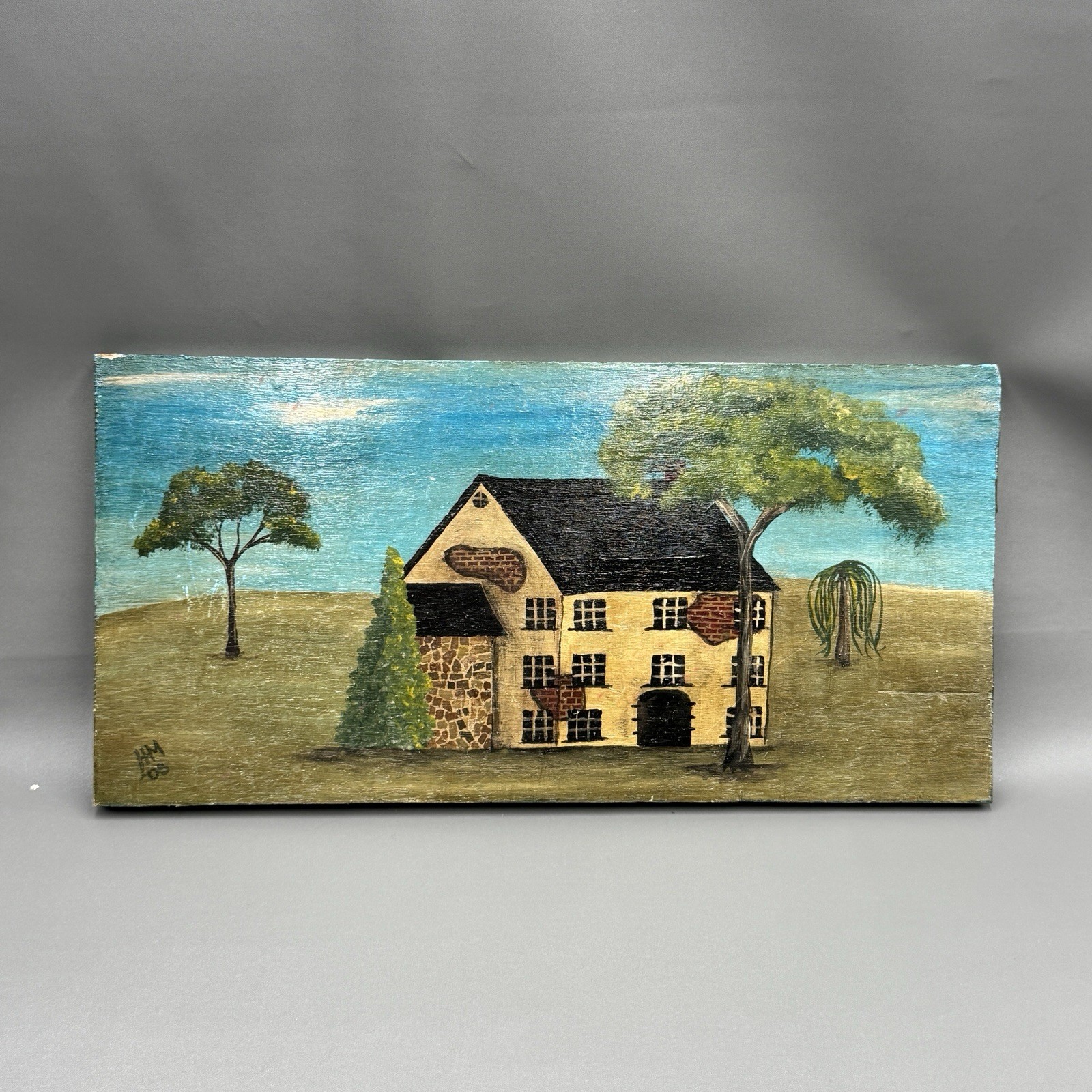 OOAK Original Folk Art Naive Painting Old Colonial Rolling Fields Rustic Country