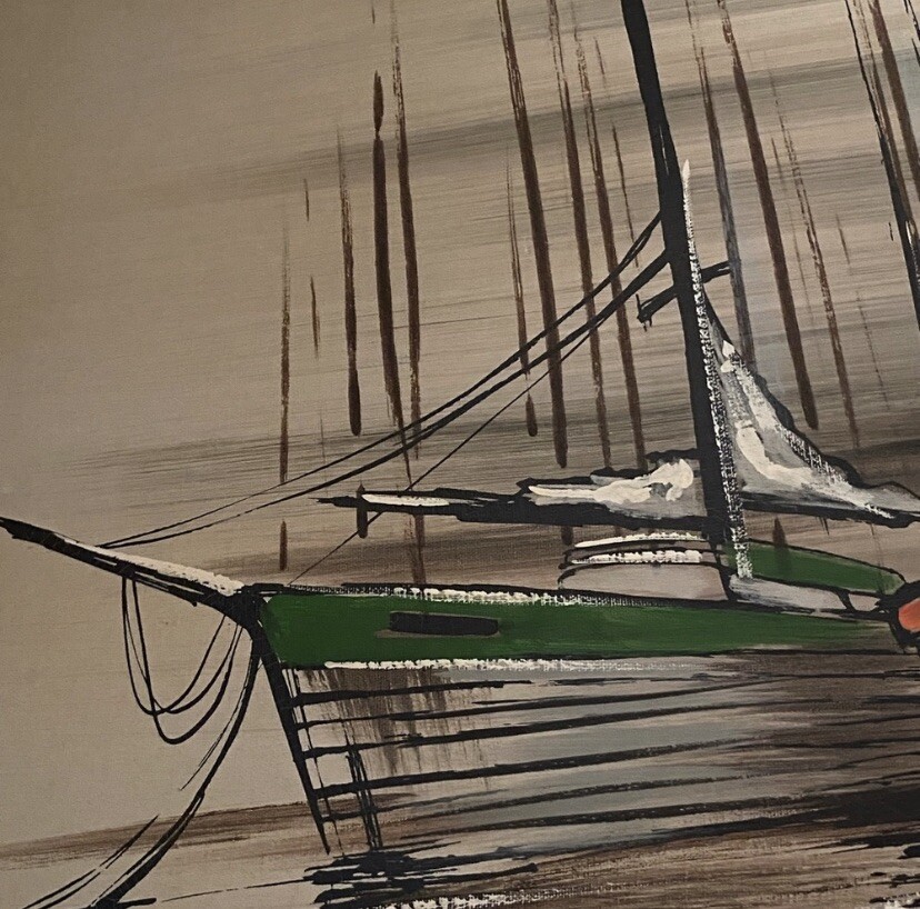fishing boats signed by walker oil painting on canvas dimensions :41 x 2 x 31”