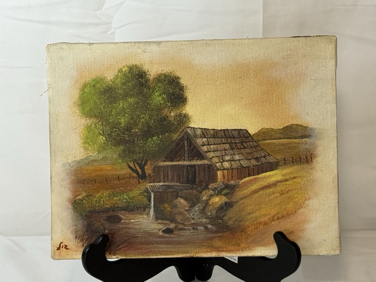 Vintage Framed Canvas Oil Painting of Barn Water Mill Landscape Scene Signed
