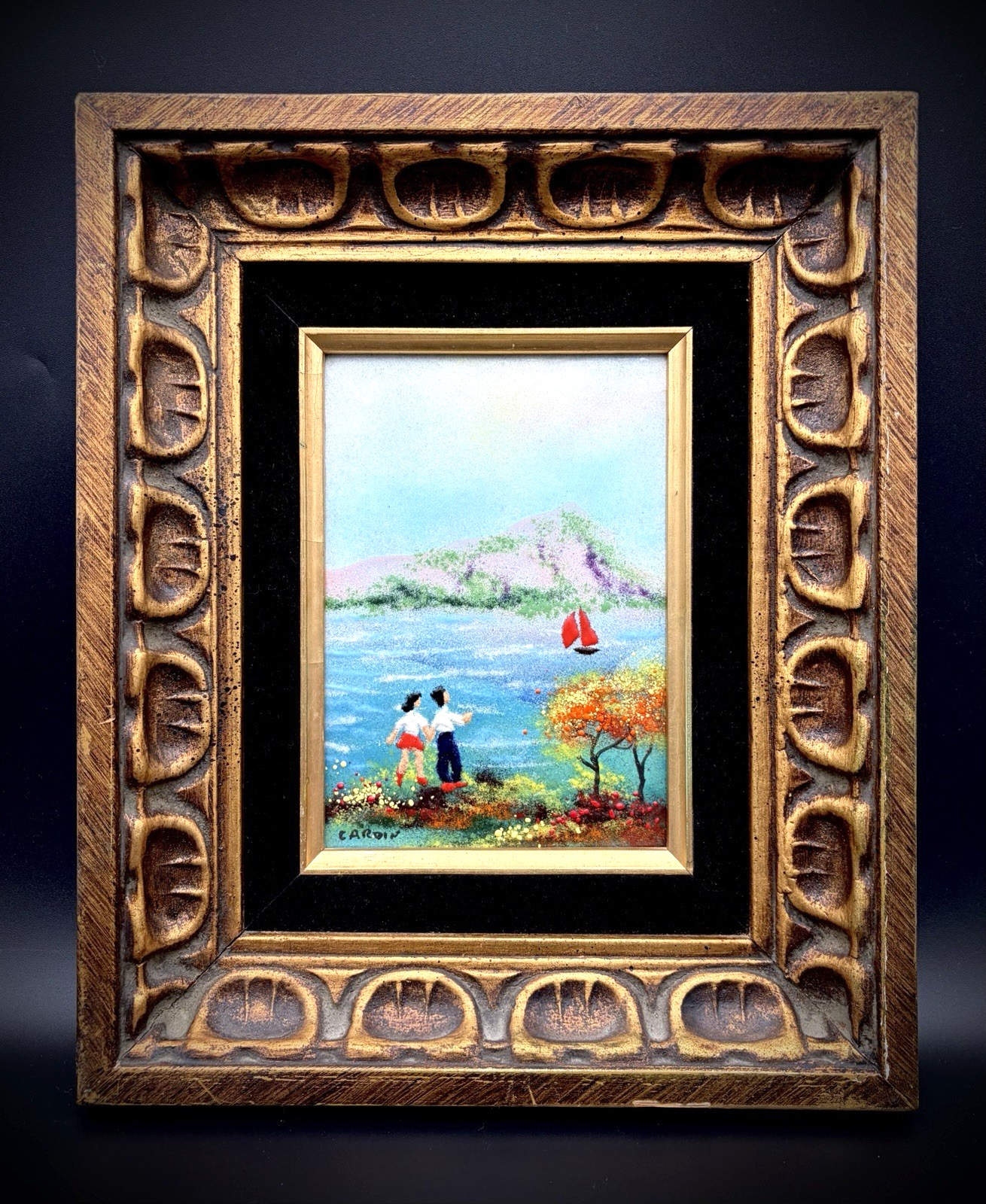VTG Original Framed Cardin Enamel On Copper Painting: Girl + Boy W/ Red Sailboat