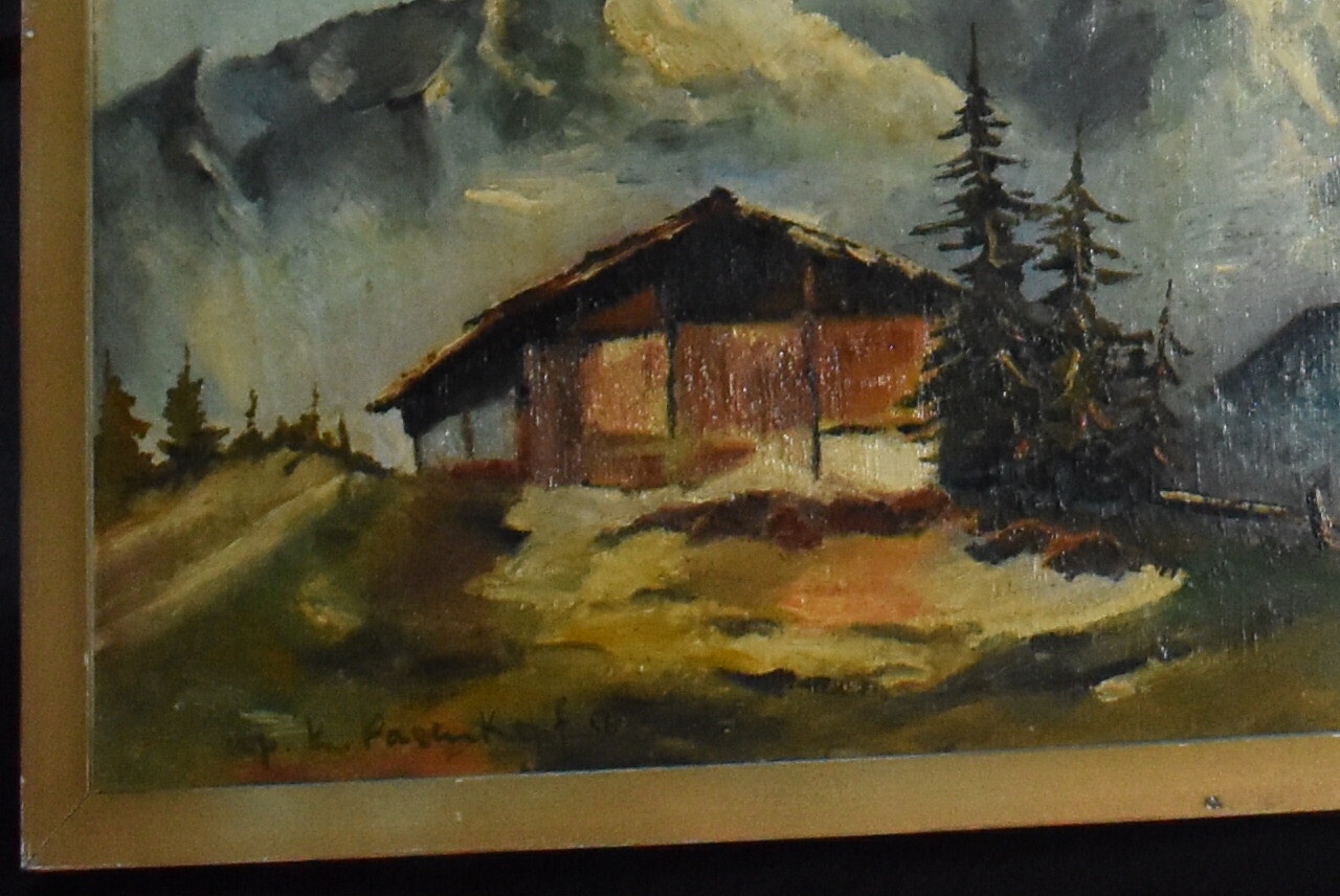 Vintage cop. K. PEGENKOPF Oil on Board Painting Cabin in Alps Signed ca. 1956