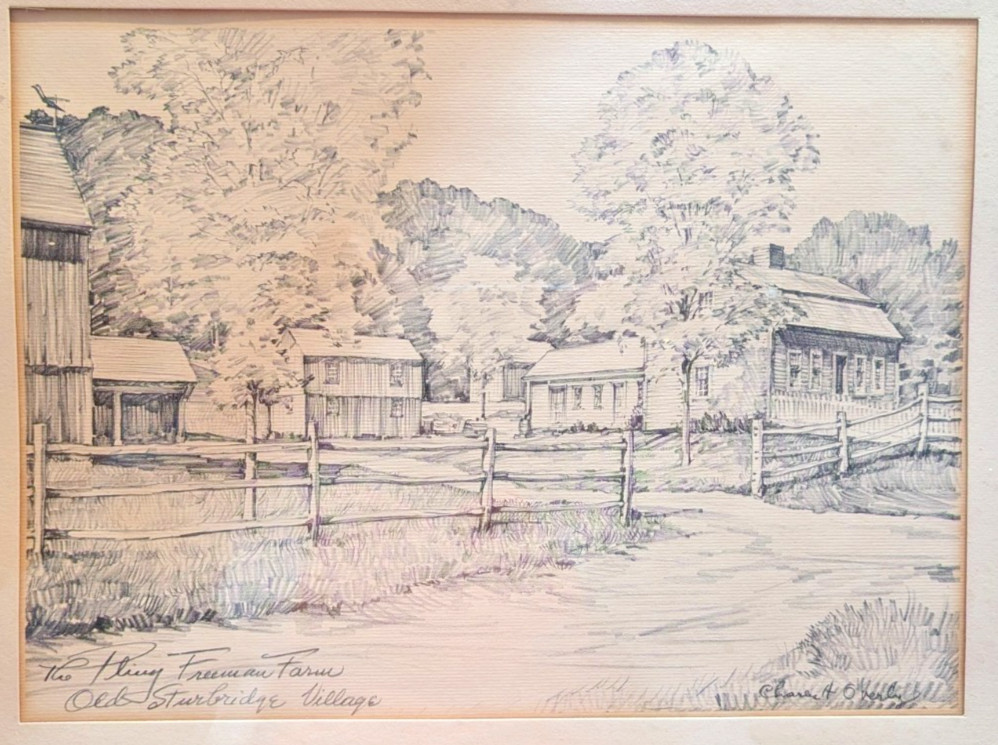 Vintage Signed Pencil Drawing Old Sturbridge Village Farm Framed 17×13