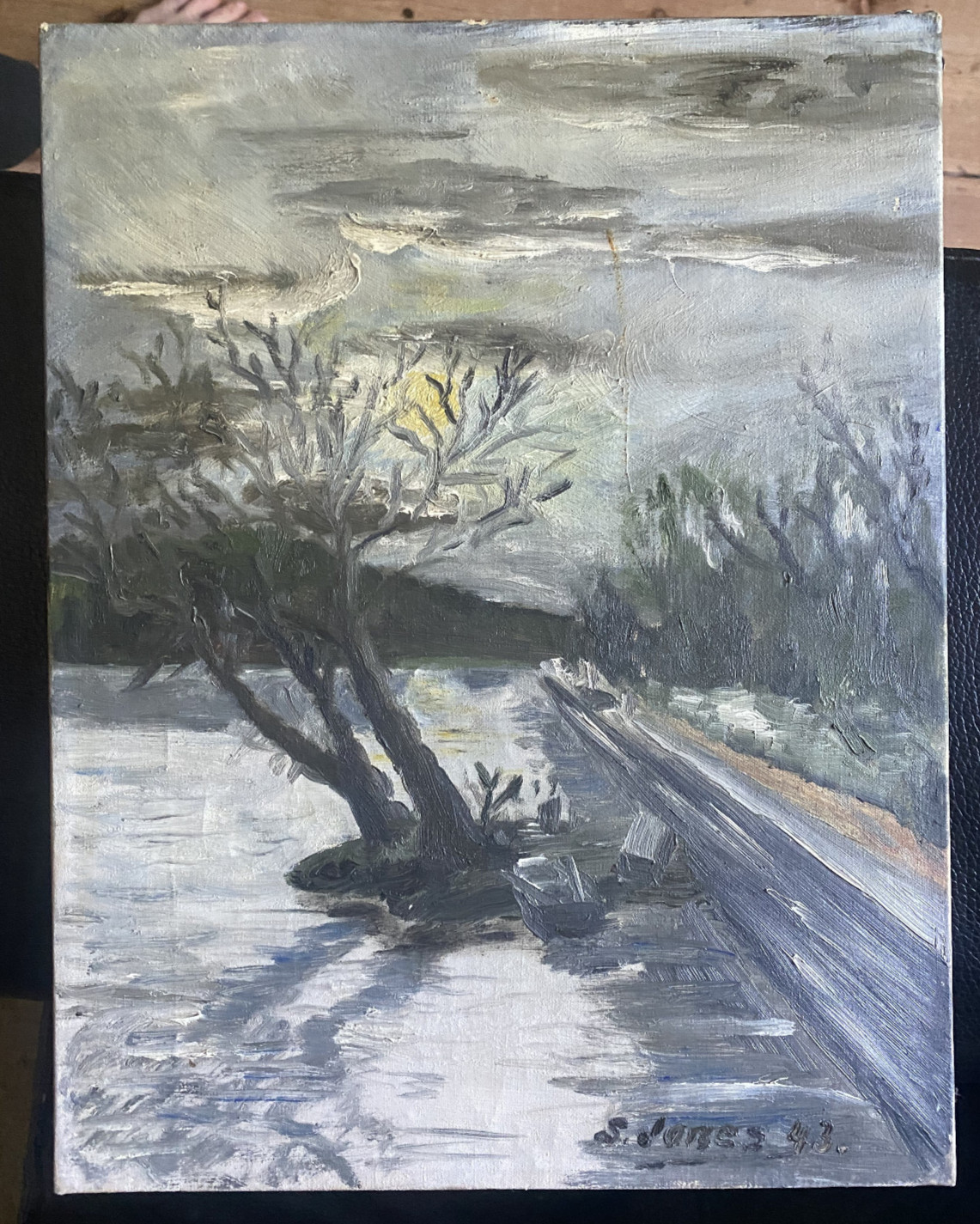 Winter 1943 Düsterer Baum Wintersun Street Signed Illegibly Antique Forest