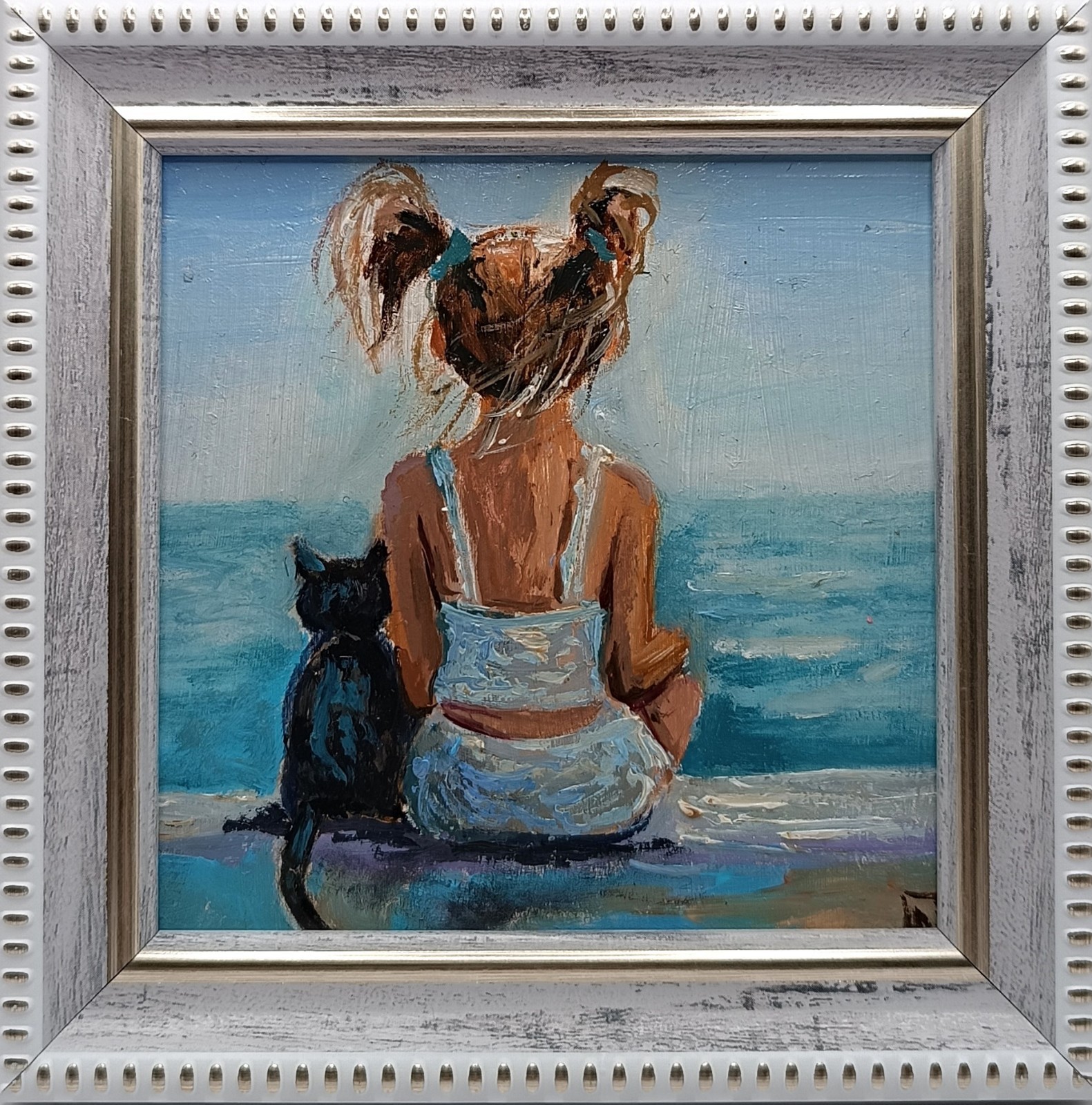 Original Sea Oil Painting Little Girl Black Cat Framed Miniature Ocean Art 4×4