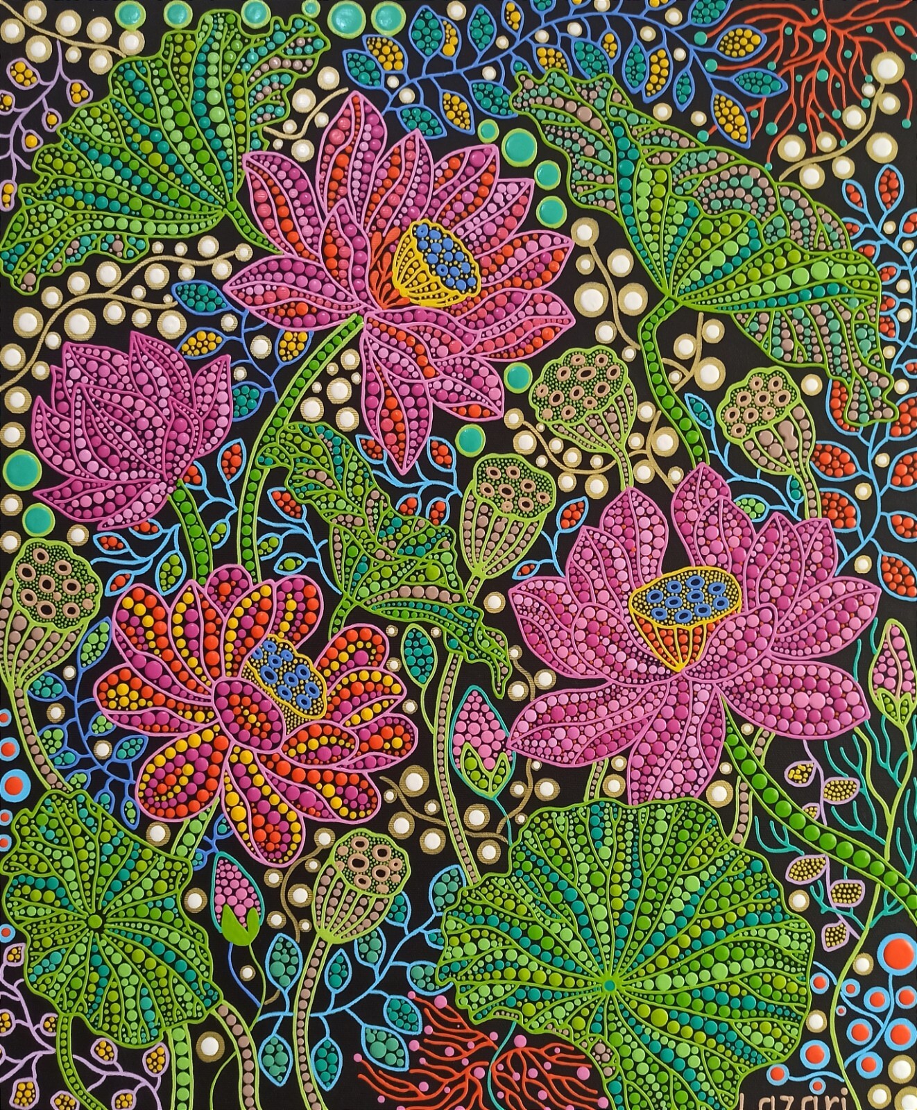 Pink Lotus Flower Original Painting Water Lilly Pond Art on canvas 50*60 cm