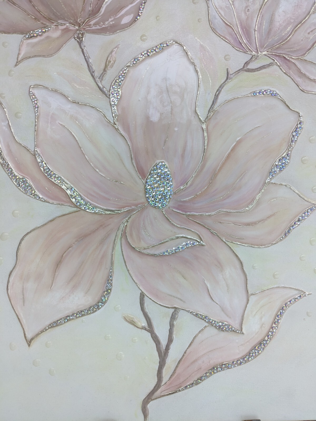 Large 3D texture magnolia painting, Pink floral wall art, Rhinestone Resin Art