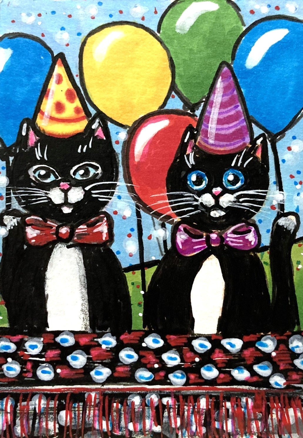 Black Cats Birthday Party Original ACEO Mixed Media Illustration amylenore