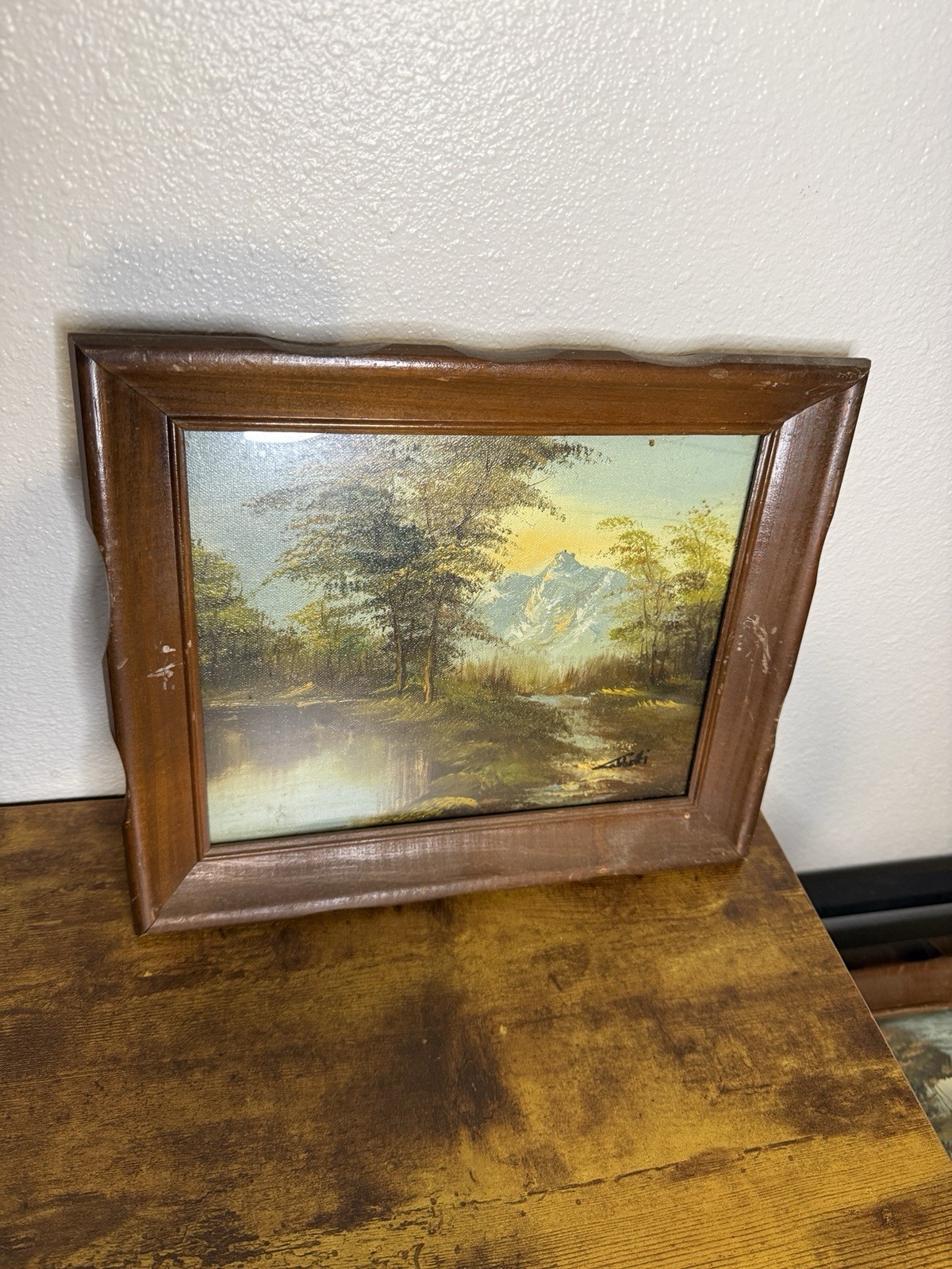 Vintage Landscape Framed Oil Painting 8×10 Mountain Trees Water Signed