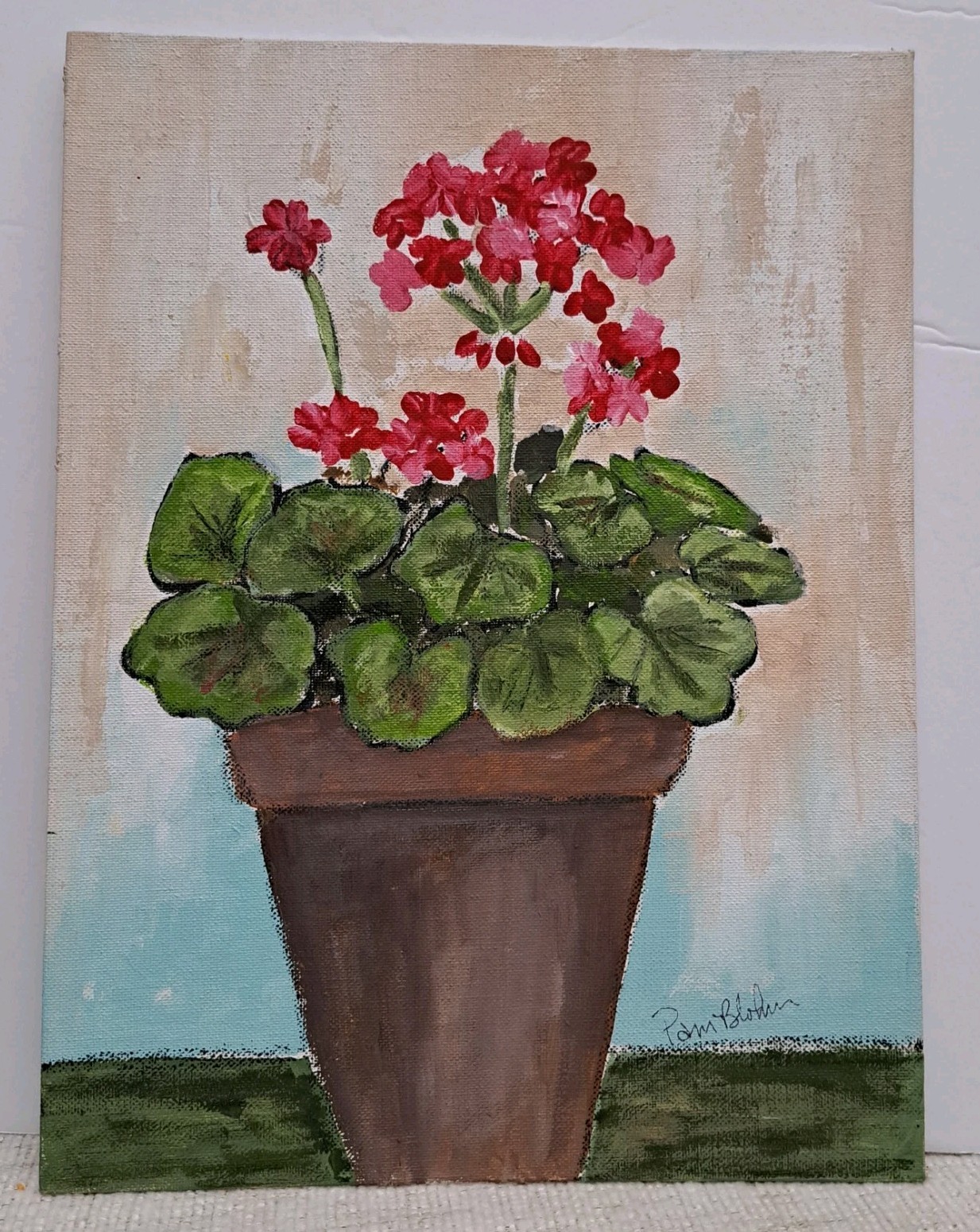 Potted Red Geraniums, Original 9×12″ Acrylic Painting on Canvas Board.