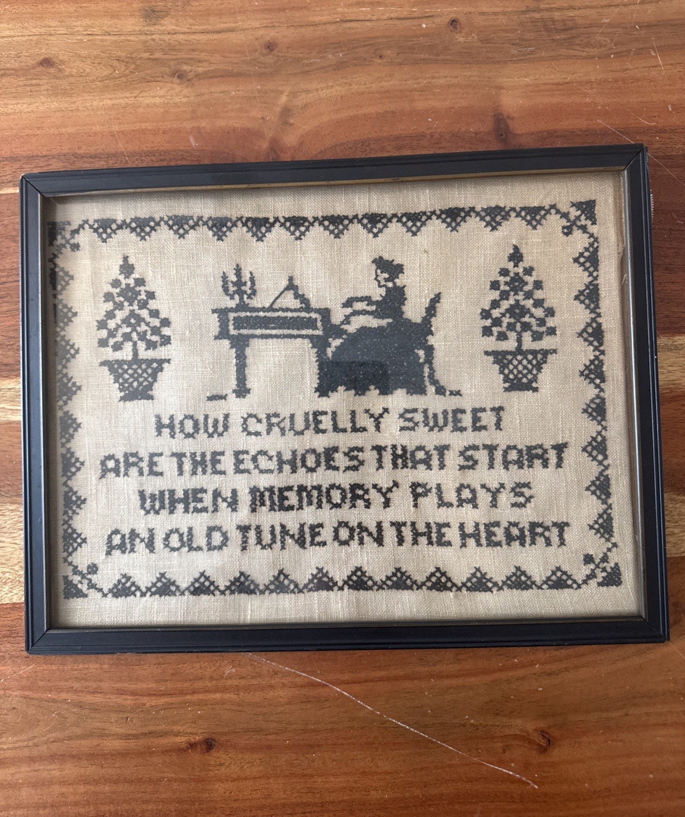 ANTIQUE NEEDLEPOINT ART ELIZA COOK QUOTE PRIMITIVE ART DECO FRAME FOLK ART OLD
