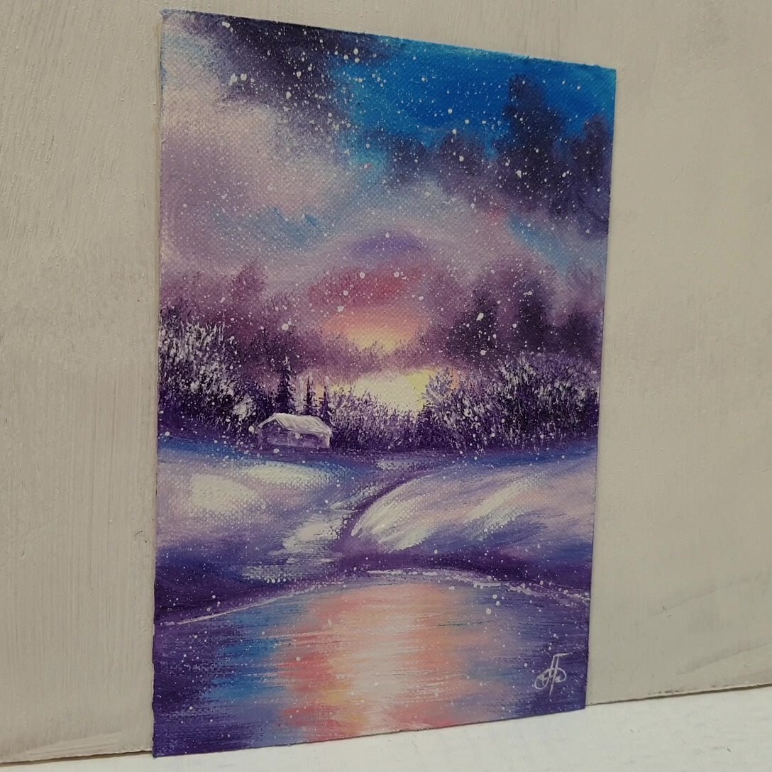 Winter Sunset Lake Path Painting Snow Cottage Purple Red Sky Signed Holiday Deco