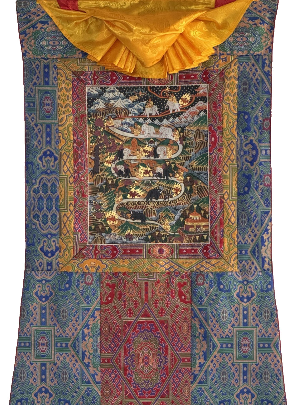 SAMATHA MEDITATION/ WAY TO HEAVEN ORIGINAL TIBETAN THANGKA PAINTING SILK FRAMED