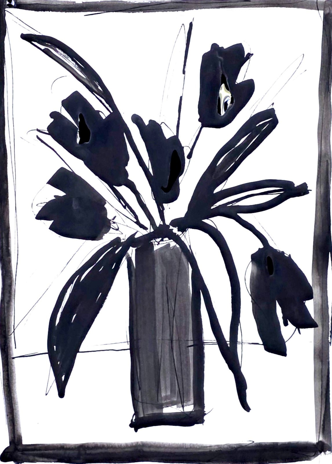 Original Abstract 9×12 Botainical Painting Minimalist Black White Home Decor Art