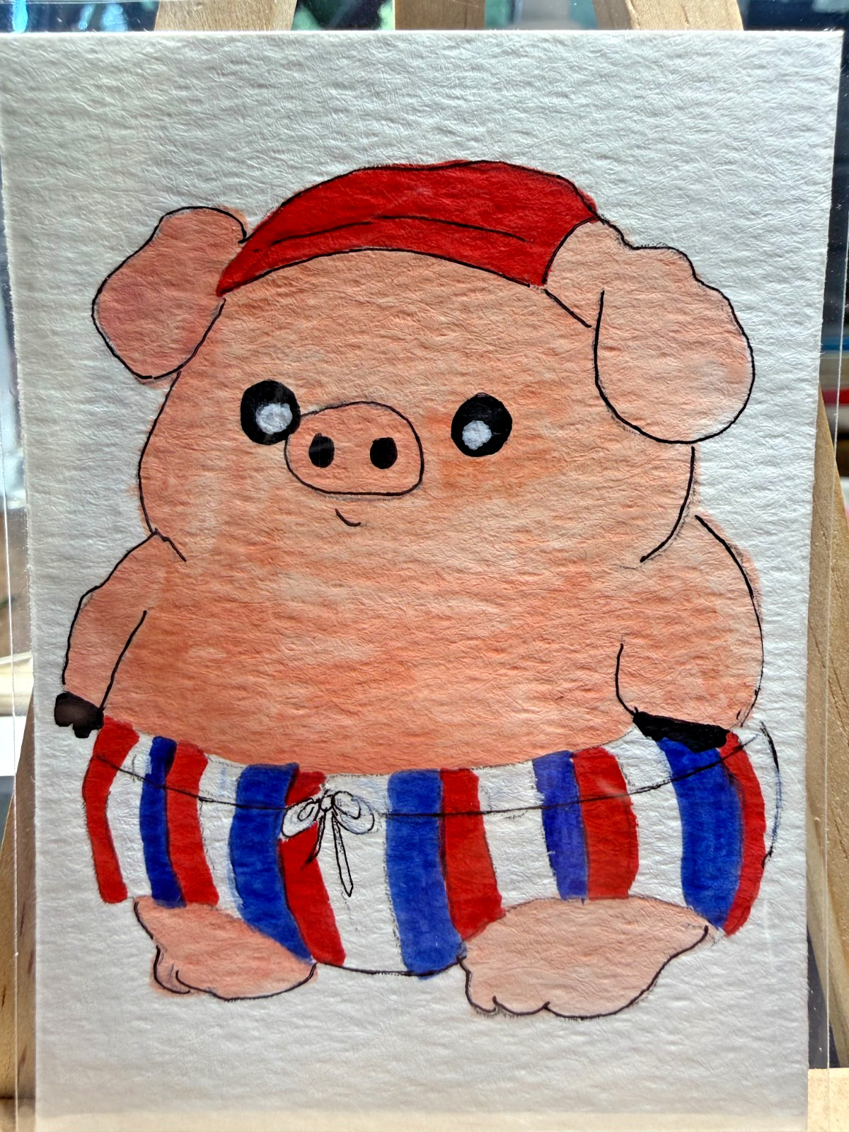 ACEO Original OOAK Signed (Not a Print) «Patriot Piggy» Pig in Swim Shorts Art