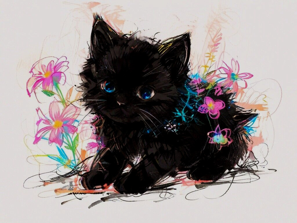 ACEO Mini Miniature Tiny *ART PRINT* Black Baby Cat Pink Blue Flowers by Saulite