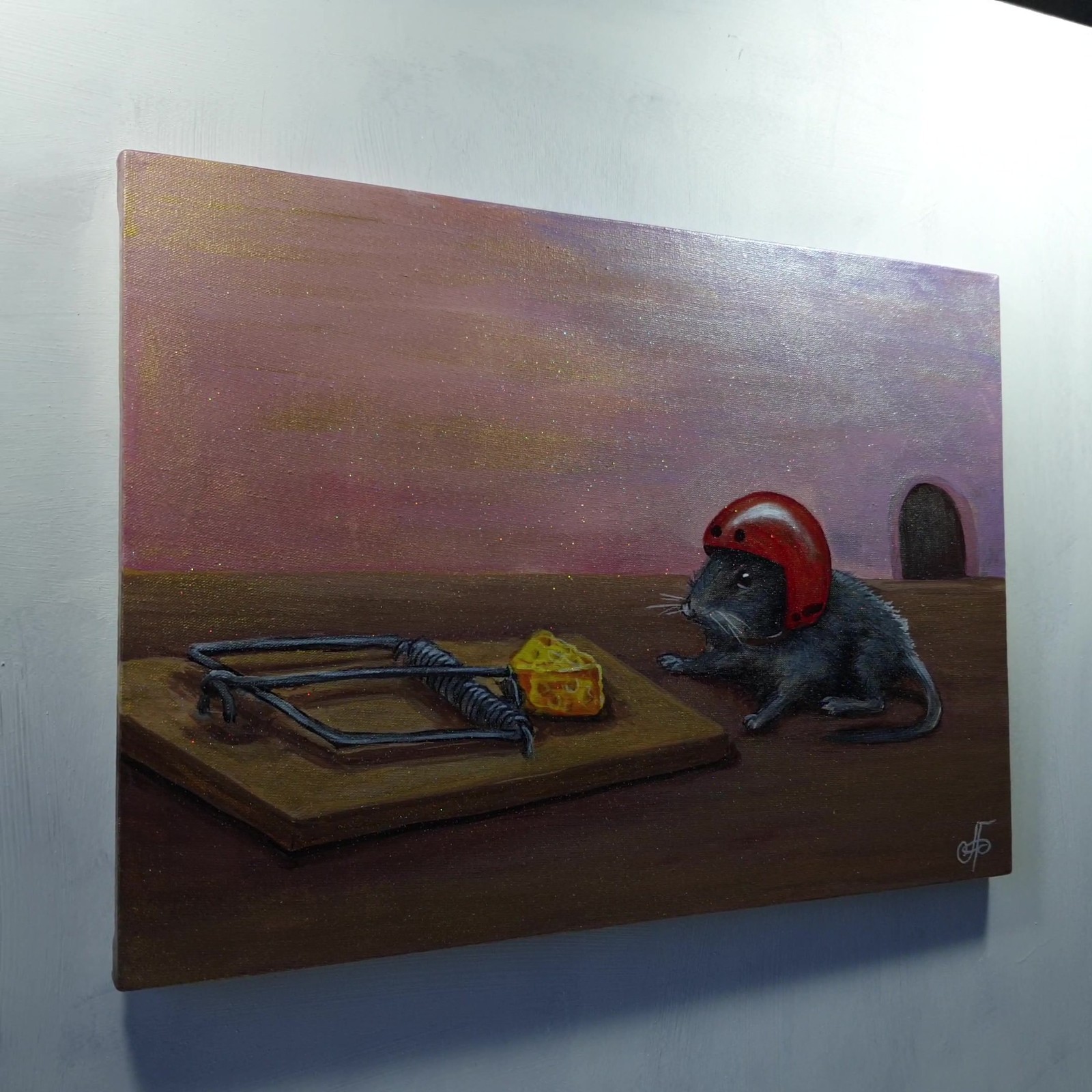 Original Acrylic Painting Thinking Mouse Red Helmet Cheese Trap Canvas Wall Art