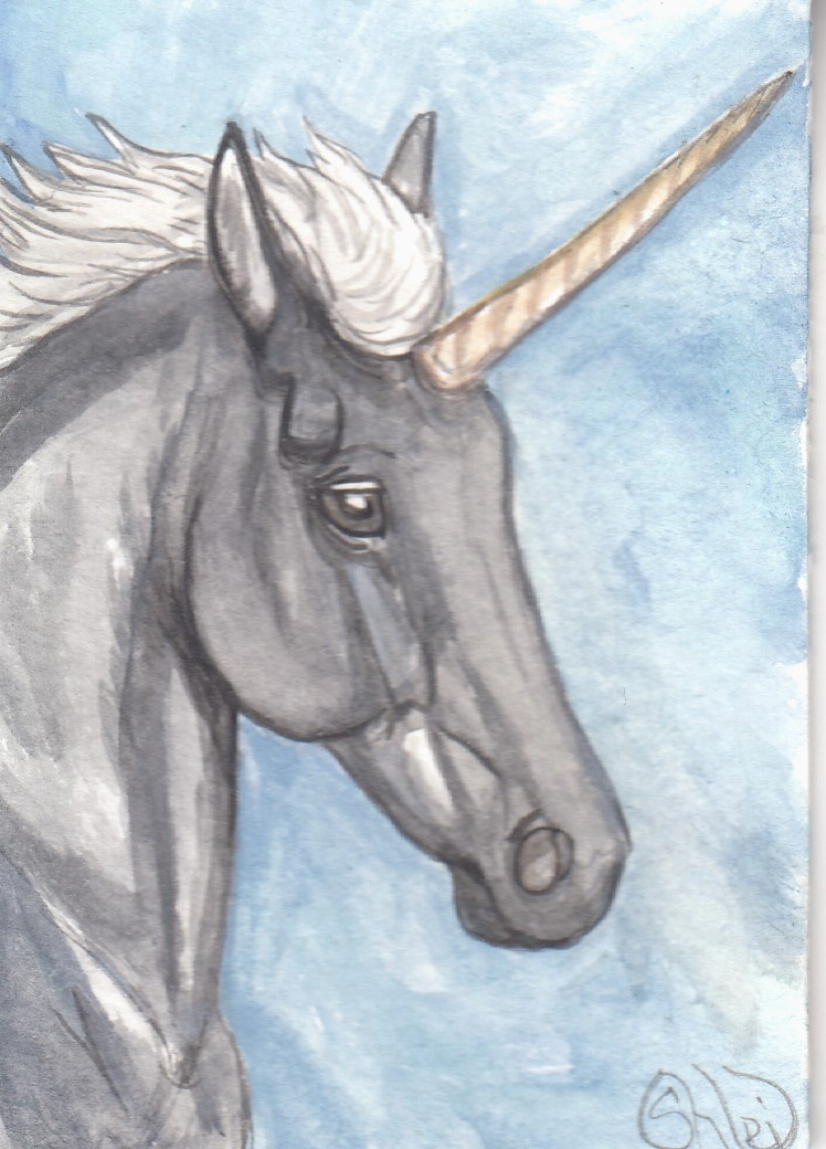 ACEO original Watercolor Art Card HORSE blue/black FANTASY Unicorn horned mare