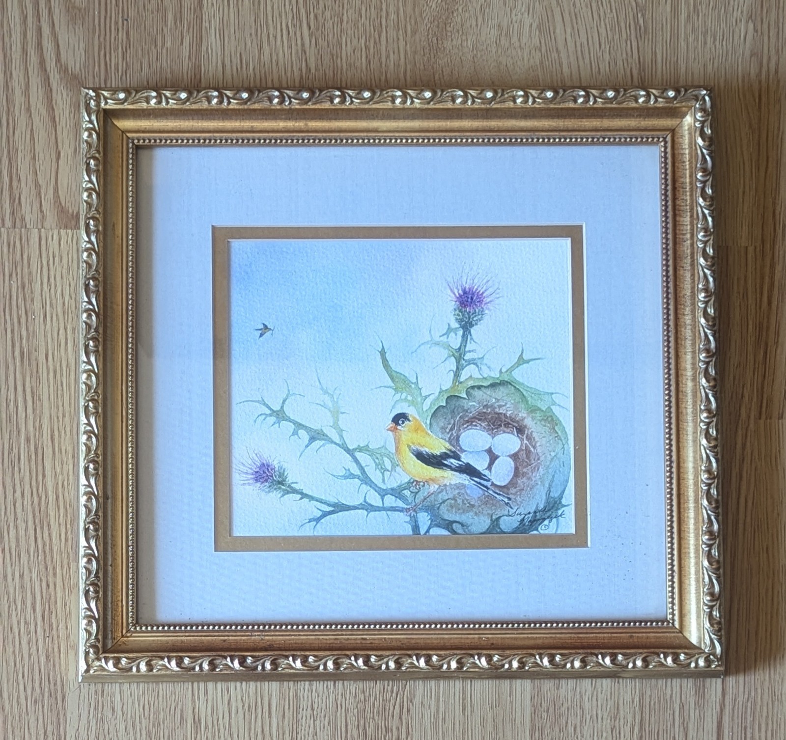 Signed Watercolor Painting Bird on a Nest Suzanne Napgezek Wall Art Decor
