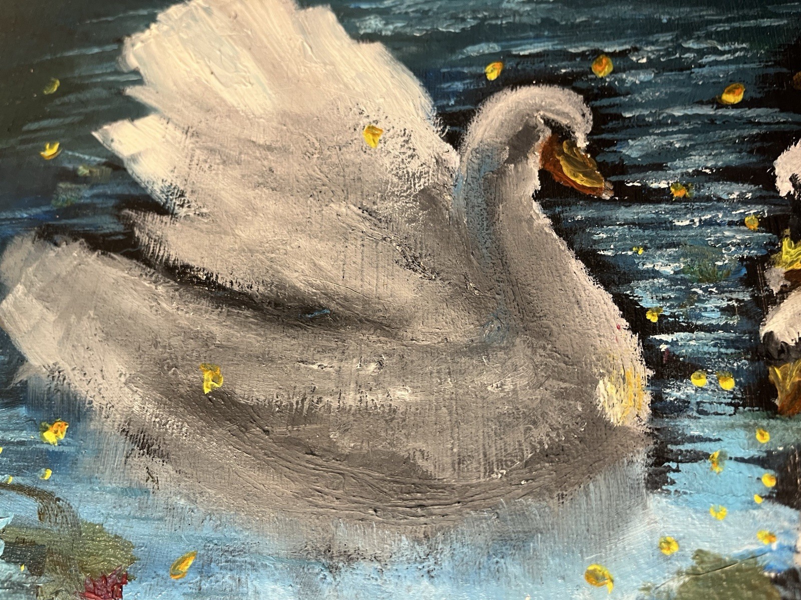 Original Impressionist Swans on Water Oil Painting on Canvas