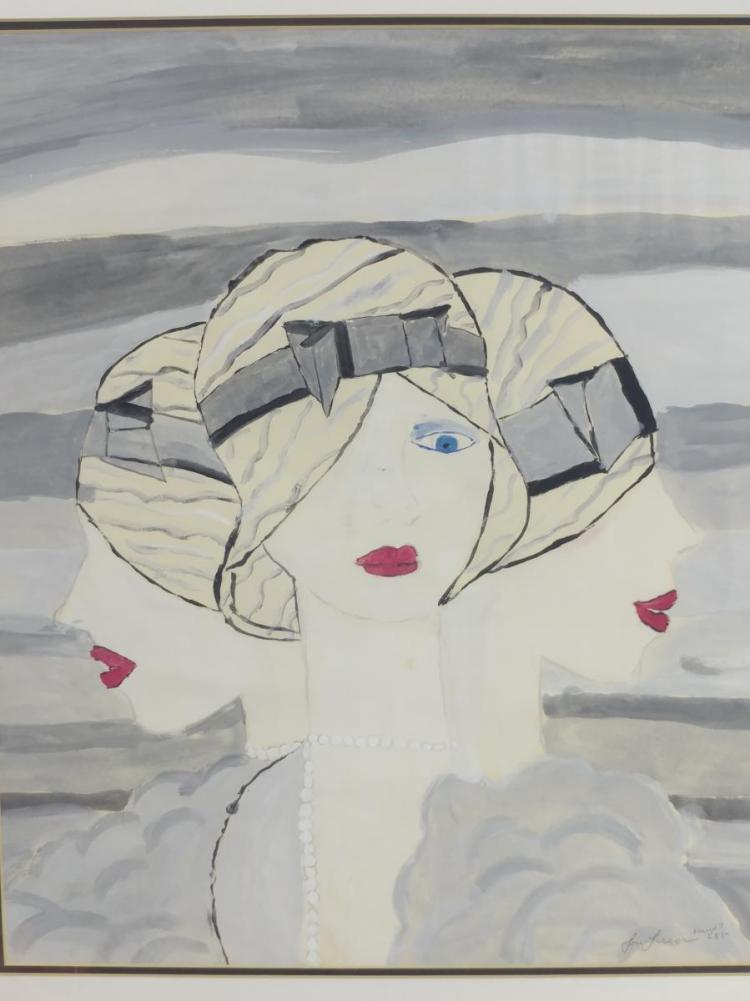 Funky art deco style female tribunal portrait watercolor by Lori Larsen. 1957