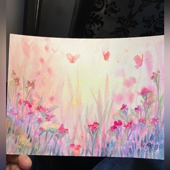 ORIGINAL Butterflies Landscape Watercolor Painting Floral Flowers Artwork USA