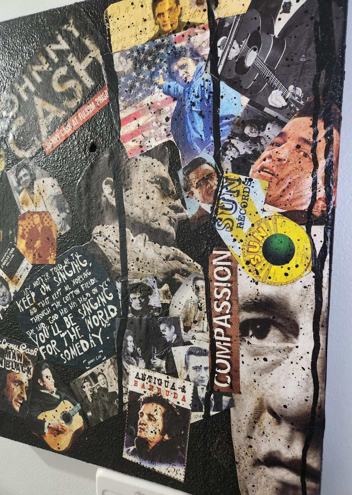 Large Johnny Cash Acrylic Paintin Collage Art. Heavily Textured & Burned! 16X20
