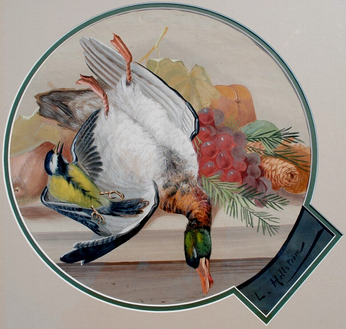 Antique Swedish gouache still life painting duck & bird signed L. Hellstrom