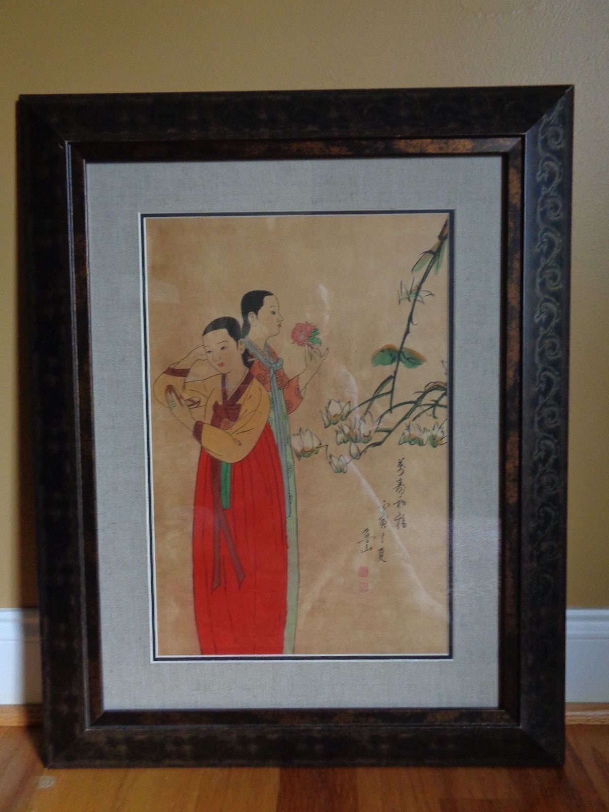 Korean Traditional Custom Framed Water Painting of Two Women Standing, 26″ x 21″