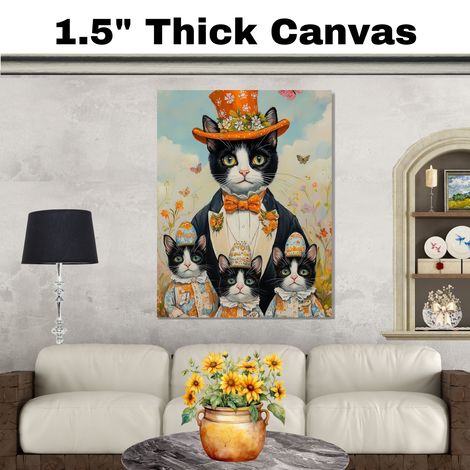 Whimsical Easter Charm: Tuxedo Cat on Flat Rolled, Framed or Wrapped Canvas