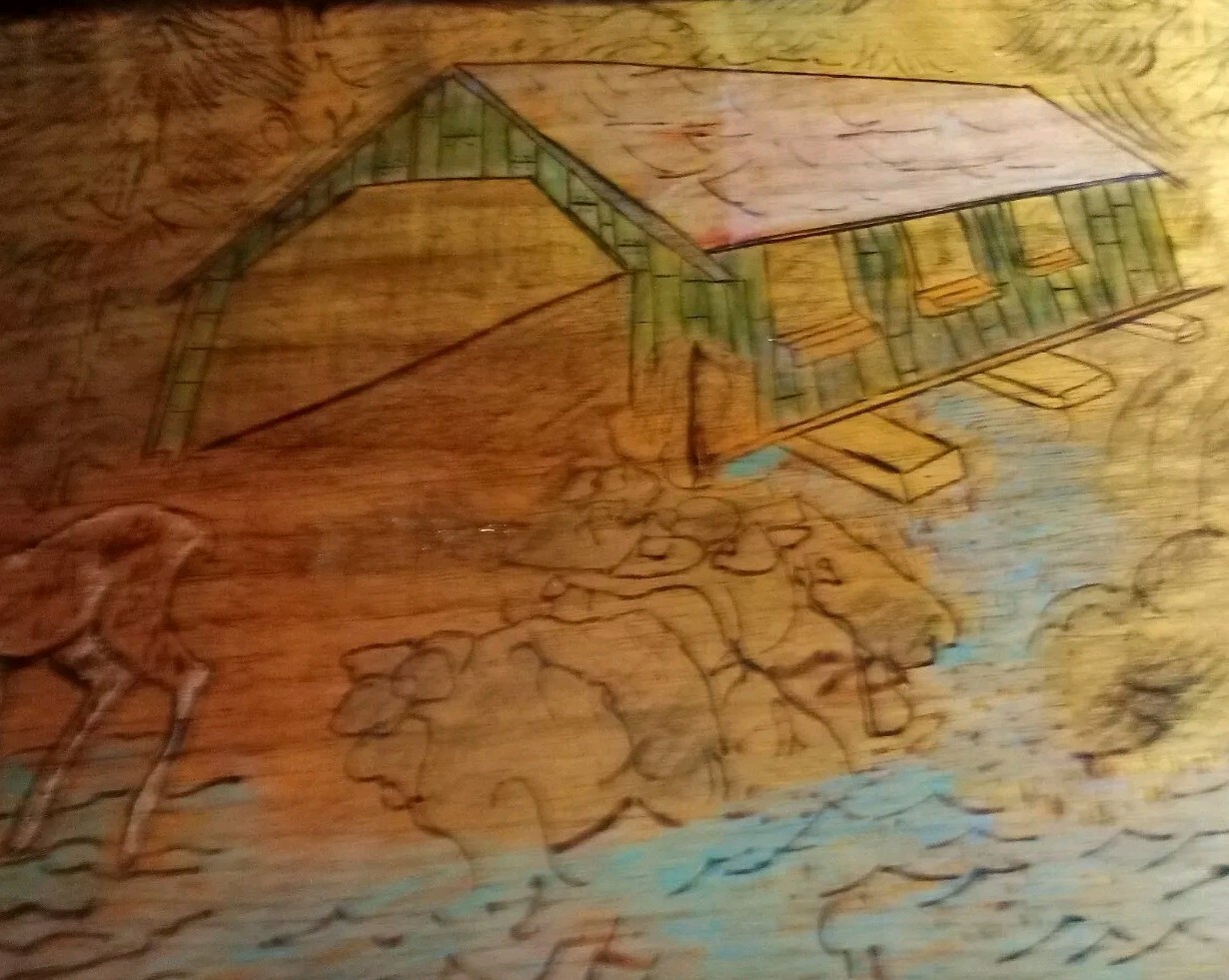 Wood Burning Scene Covered Bridge 2 Deer At Water 16″x11″x1″ Vintage 5 Pounds